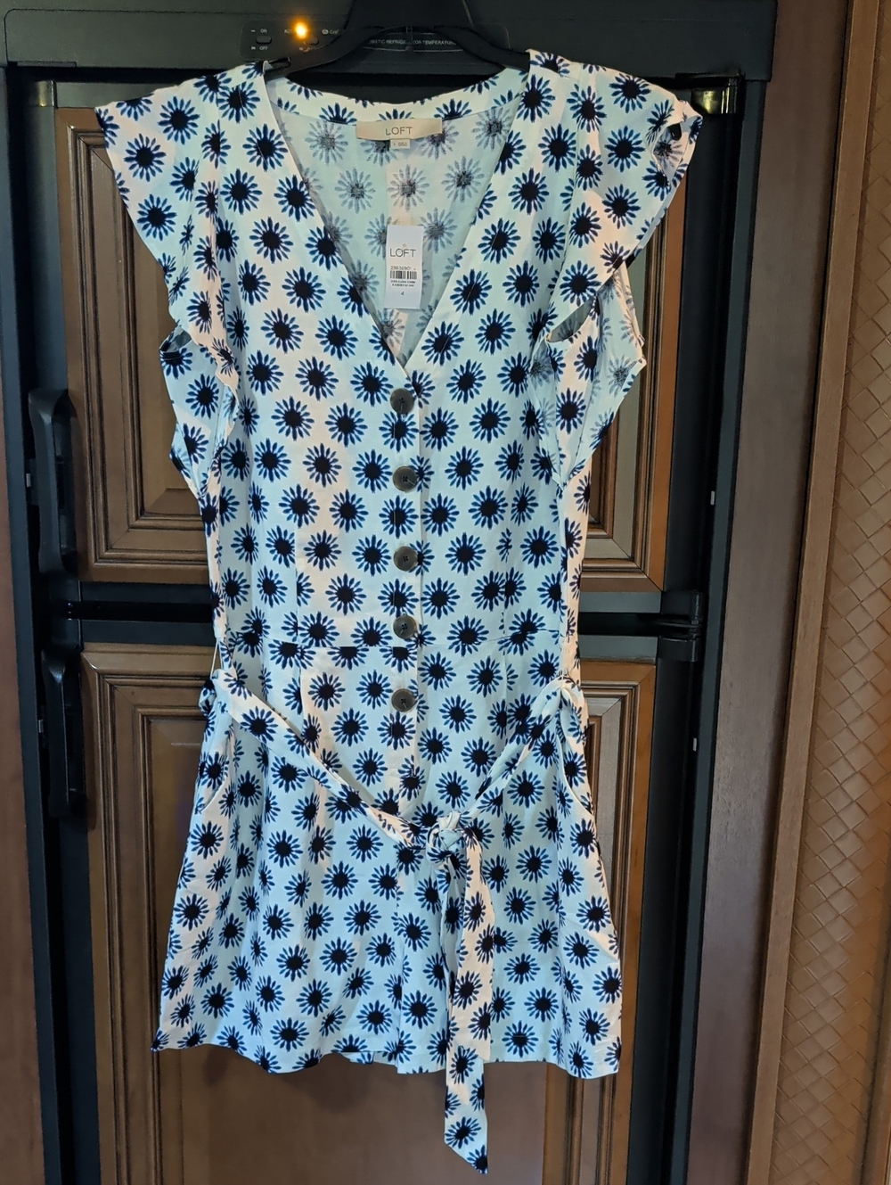 LOFT Linen White & Navy Floral Print Romper